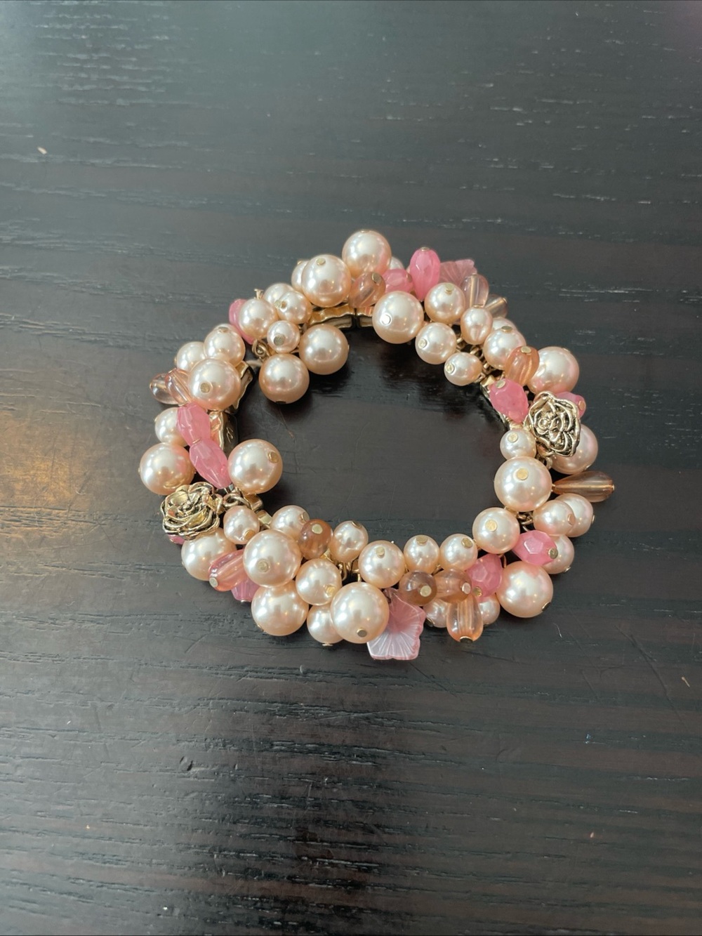 Vtg Liz Claiborne Pink Bead Faux Pearl Gold Tone Rose Charm Hollywood Fashion